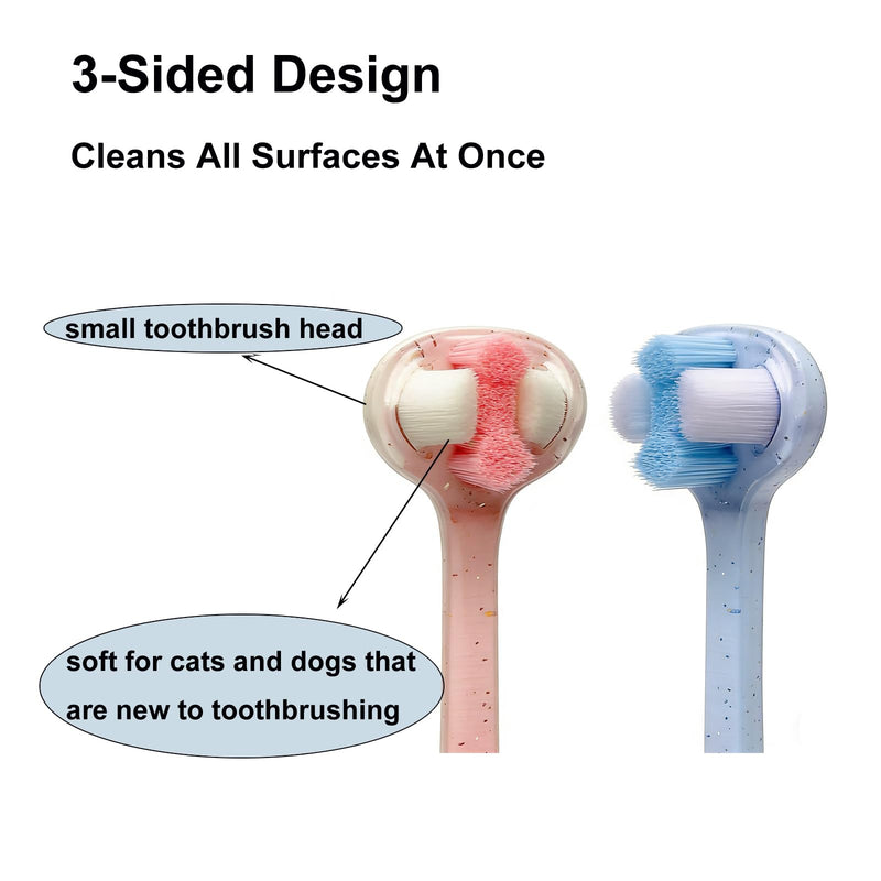 3-Sided Pet Toothbrush for Dogs & Cats, Soft Bristles Dental Care Brush, Non-Slip Handle, Gentle Teeth Cleaning for Puppies, Kittens & Small Pets Blue+pink 1 Count (Pack of 1)
