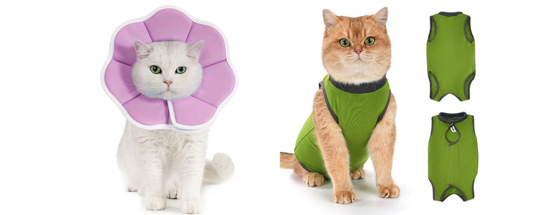 Avont Adjustable Cat Recovery Cone Collar Bundle with Breathable Cat Recovery Suit for Post-Surgery -S