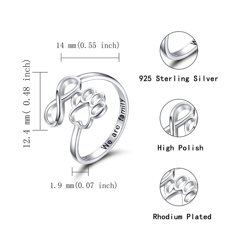 Puppy Pet Lovers Paw Print Ring Heart 925 Sterling Silver Adjustable Ring Pet Animal Jewelry Creative Pierced Love Dog Cat Claw Ring Pet Loving Friend Families Gifts Silver infinity paw ring