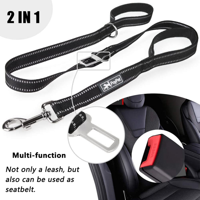 PoyPet 5 Feet Dog Leash - 3M Reflective - 2 Cushioned Handles - Functional Car Seat Belt(Black) Black Classic - PawsPlanet Australia