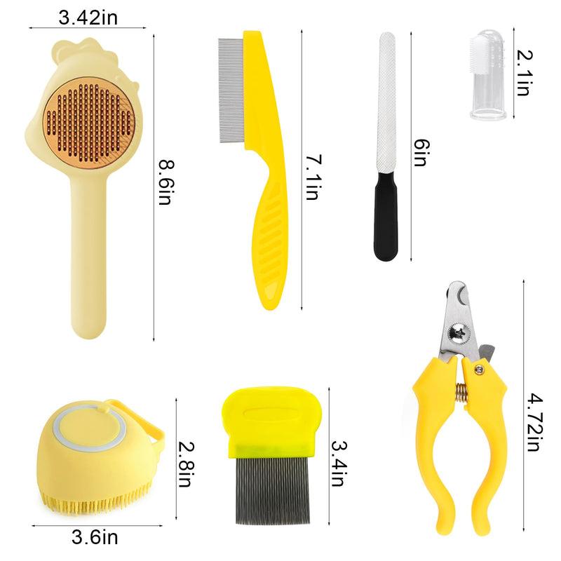 VCZONE 8 Pcs Cat Brush Grooming Kits, Pet Self Cleaning Kit with Pet Nail Clipper and File, Flea Comb, Pet Shampoo Bath Brush, Pet Shedding Brush, Silicone Toothbrush (Yellow) Yellow - PawsPlanet Australia