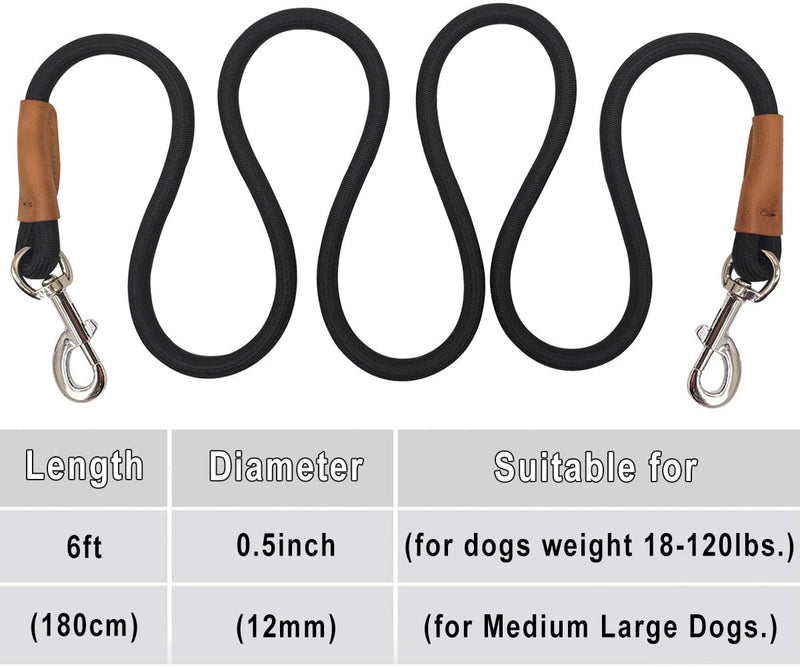 6 Foot Dog Tie Out Rope Leash, Heavy Duty Climbing Nylon Basic Leash for Camping, Indoor, Outdoor and Front Yard 0.5in.x 6ft.(for dogs weight 18-120lbs.) Black - PawsPlanet Australia