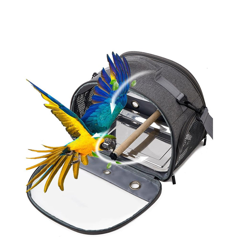 Bird Travel Carrier with Stainless Steel Tray,Lightweight Breathable Parrot Cage with Removable Wooden Stand Stick and Long Shoulder Strap,Bird Cages for Parakeets Budgie grey 33*26*24CM - PawsPlanet Australia