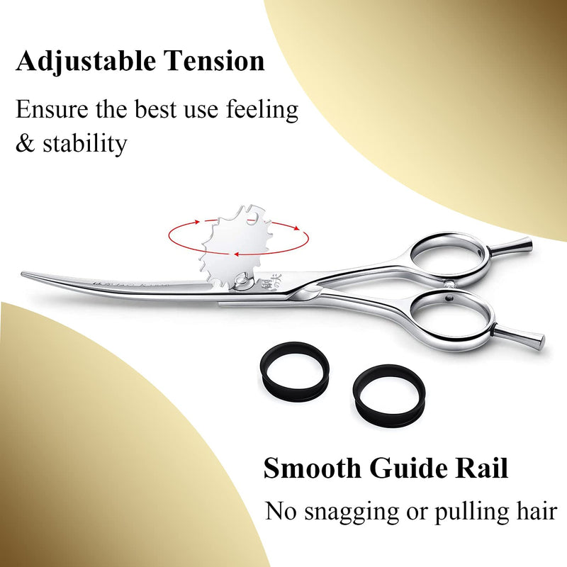 6" Hair Cutting Scissors Professional Curved Grooming Scissors for Small Dogs Cat & Hairstyle Barber Haircut Shears Japanese Stainless Steel Silent Adjustable Tension Removable Soft Ring Curved 6" - PawsPlanet Australia