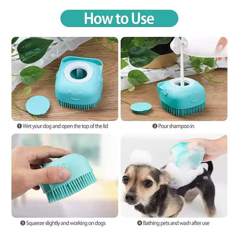 Dog Bath Brush, Soft Silicone Rubber Bristle Shampoo Dispenser/Grooming/Washing Brush Scrubber with Handle for Short & Long Haired Dogs/Cats Pet Massage Brush Dog Soap Brush/Scrubber BLUE - PawsPlanet Australia