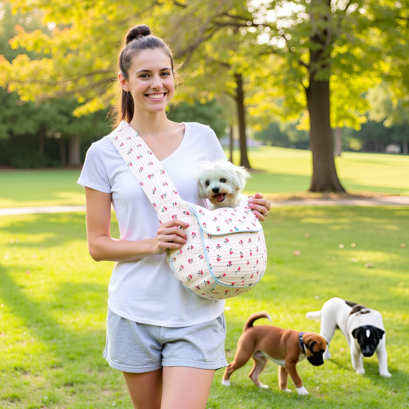 Flower Pet Sling Carrier for Small Dogs and Cats, Breathable Cotton Cats Carrier Purse?Floral Print Puppy Bag 5-10 Lbs, Hand Free Travel Chest Cat Sling, Gifts for Pet Mom Girls?White, Small White - PawsPlanet Australia