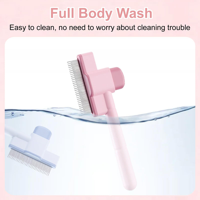 2PCS Flea Comb for Cats Dog Brush for Shedding, Pet Hair Removal Tool with Long & Short Stainless Steel Metal Teeth and Release Button Self-Cleaning for Shedding and Tangles (Pink+Blue) Pink+Blue