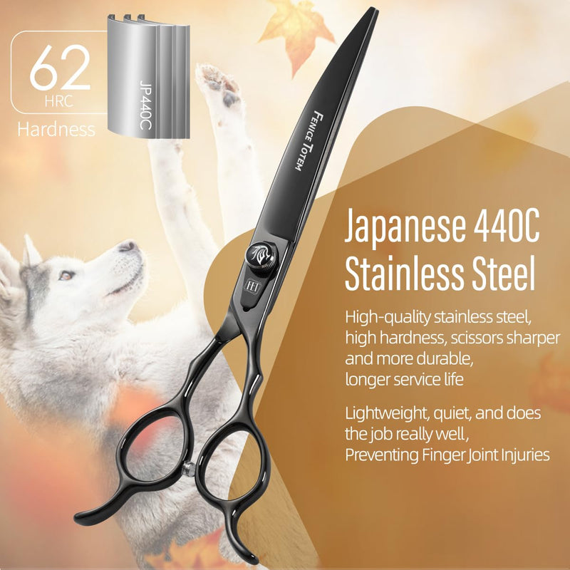 Dog Grooming Scissors: 7.5 inch Bright Black Pet Curved Shears Made Of Japanese 440C Advanced Stainless Steel Professional Grooming Scissors for Dogs Cats and Other Pets 8" - PawsPlanet Australia