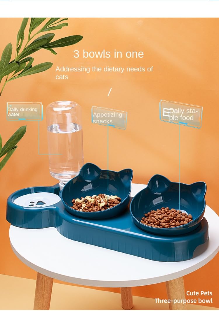 Cat Bowl Set with Water Dispenser and Non-Slip Mat, Triple 15° Tilted Feeding Bowls for Kitten, Elevated Wet and Dry Food Dishes- Dark Blue, Light Grey