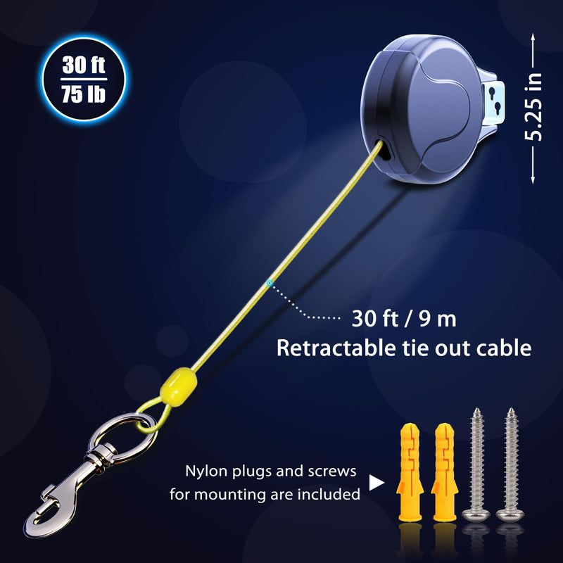 30ft Wall Mount Retractable Dog Tie Out Cable for Small to Large Dogs Between 20-75 lbs, Patented Retractable Dog Lead Great for Yard/Garden - Durable for 70,000 Cycles (Black, 30ft) Black - PawsPlanet Australia