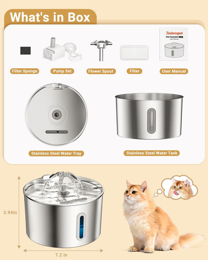 Cat Water Fountain for Drinking - 74oz/2.2L Cat Fountain Stainless Steel Flower Style, Silent Automatic Wired Pet Water Fountain Triple-Filter Water Fountain Cat Bowl 3 Filters 3 Sponges Water Fountain-2.2L+ 3 filters + 3 sponges - PawsPlanet Australia