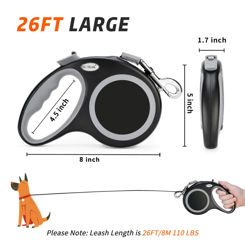 Retractable Dog Leash 26 FT, Heavy Duty Dog Leash for Dogs up to 110lbs, Strong Nylon Tape No Tangle, One-Handed Brake, Pause, Lock, Perfect for Medium Large Dogs (Black, 26 FT(66-110 LBS)) Black 26 FT(66-110 LBS)