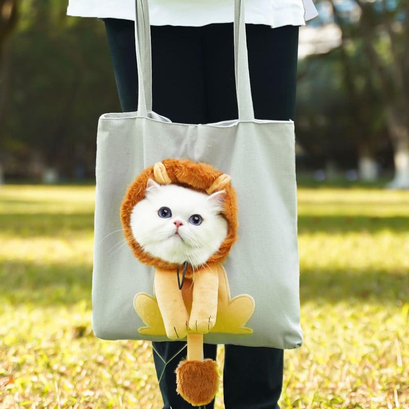 Lion-Shaped Pet Canvas Shoulder Bag Portable Cat Carrier Tote Bag Breathable Dog Carrying Case Outdoor Travel Handbag for Small Cat Dog Pet light grey - PawsPlanet Australia
