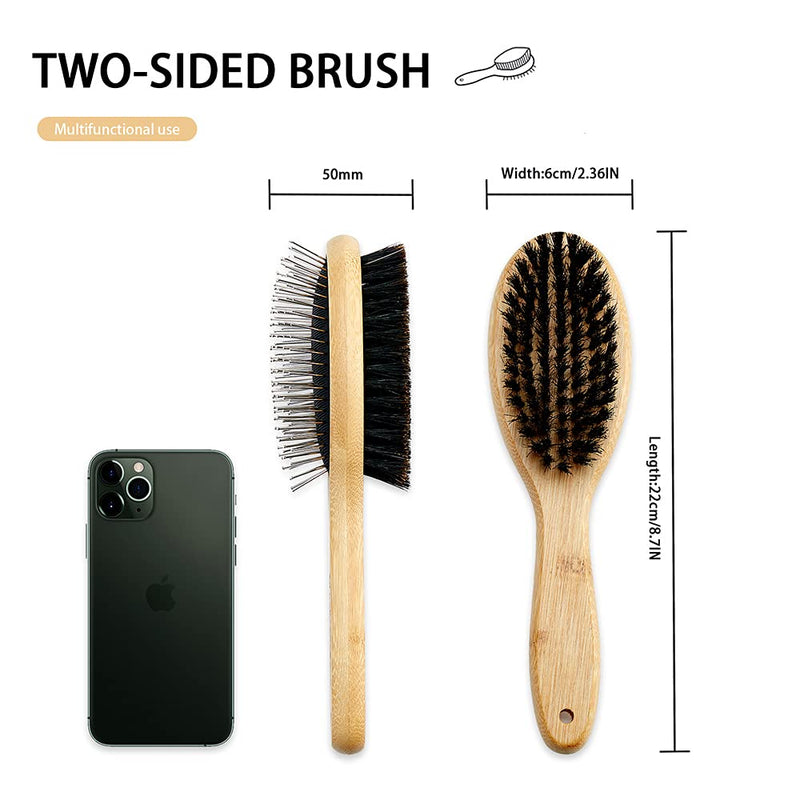 Dog Brush Cat Brush Double Sided Bristle and Pin Pet Brush for Dog Grooming, Real Boar Bristle Shedding Brush with Bamboo Handle for Long Short Hair, 2 Pack Dog Comb, Black+ White - PawsPlanet Australia
