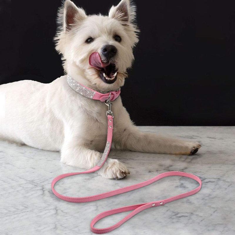 Cute Dazzling Sparkling Elegant Fancy Soft Suede Leather Bling Rhinestone Crystal Jeweled Pet Cat Dog Puppy Collar Dog Leash Combo Set (M(Neck 12.5-15"), Pink) M(Neck 12.5-15")