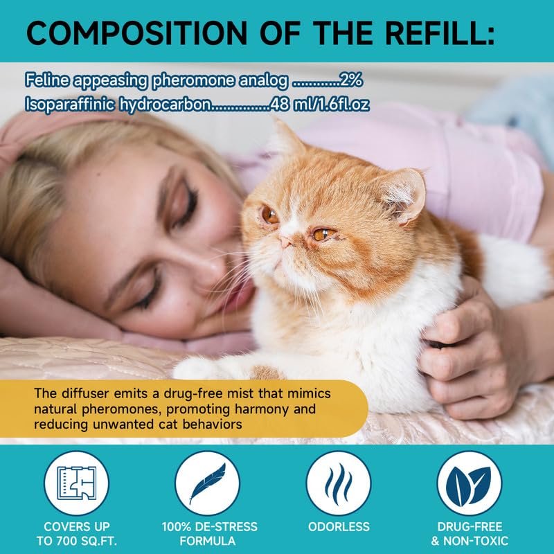 Cat Calming Diffuser - Cat Pheromones Calming Diffuser for Cat Anxiety Relief 6-in-1 Cat Pheromone Diffuser Kit with 2 Diffuser + 4 Refill 48ml Vial - 120 Days Pheromone Diffuser to Calm Cats 2 Diffuser, 4 Refills