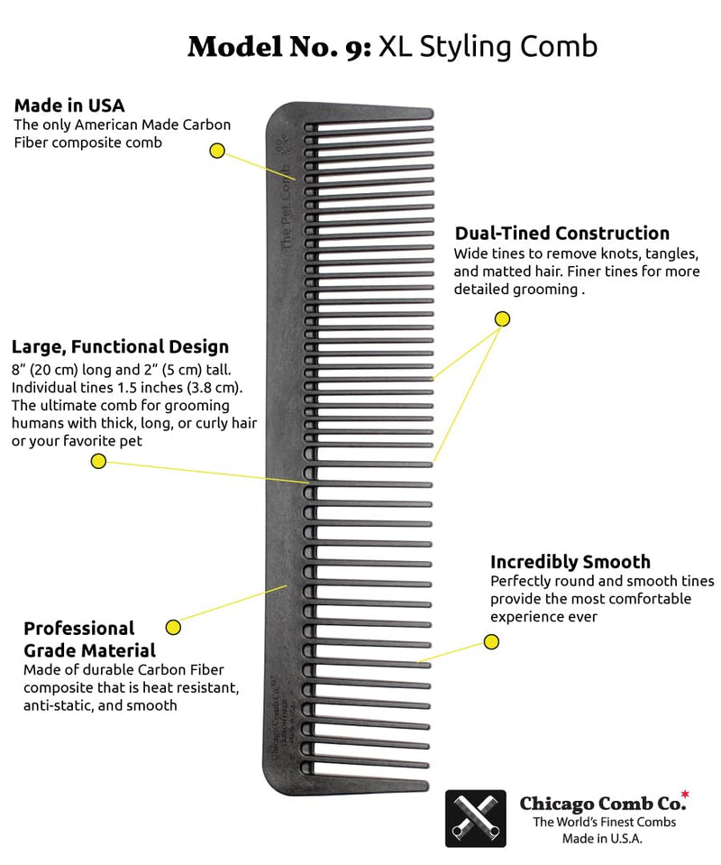 Chicago Comb No. 9 Pet, the XL Comb for Man or Beast, Carbon Fiber, Made in USA
