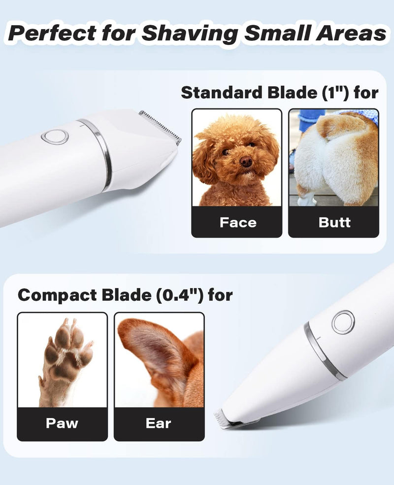 Casfuy Cordless Dog Paw Trimmer - Low Noise Small Dog Clippers with Double Blades USB Rechargeable Grooming Clipper for Dogs Cats and Small Pets for Trimming Hair around Paws, Eyes, Ears, Face, Rump White