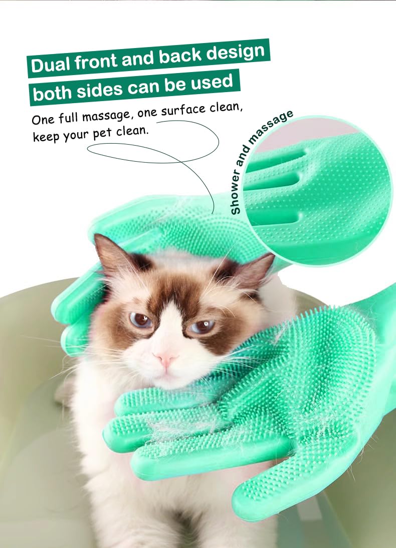PnzongeMulti use silicone gloves for dogs, showers,pets cats hair removal, anti scratch massage products thickened set of 2 Green