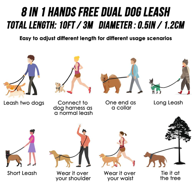 SlowTon Hands Free Dog Leads (10ft), 8 in 1 Multifunctional Nylon Double Leash Tangle Free Reflective Pet Training Leash Adjustable Waist Dog Lead for Medium Large Dogs Walking Running Diameter 0.5in Blue