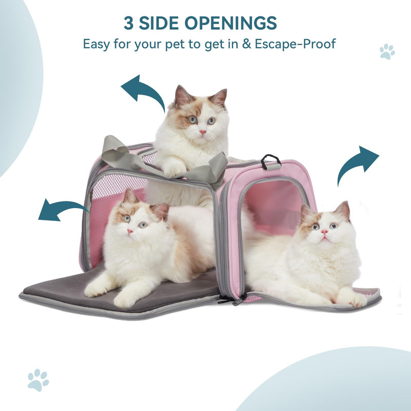 PETSFIT Cat Carrier, Pet Carrier Airline Approved, Cat Travel Carrier for Small and Medium Cats Under 12 Lbs, Soft Sided Kitten Carrier with Cozy Extendable Mat, Cat Carrier Bag, Pink 17.0"L x 10.3"W x 10.3"H - PawsPlanet Australia