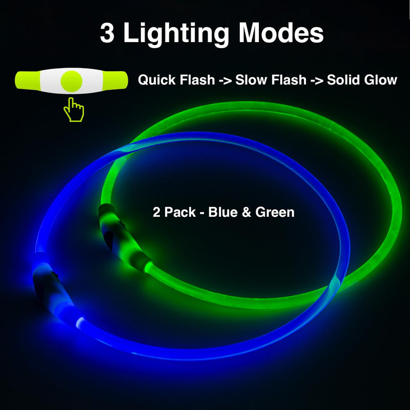 2-Pack Dog Light Up Collar – 2 Rechargeable LED Collars+1 Running Light, Glow in The Night Necklace for Walking&Camping, Reflective&Waterproof, Safety for Dogs,Cats (Blue + Green) Blue + Green - PawsPlanet Australia