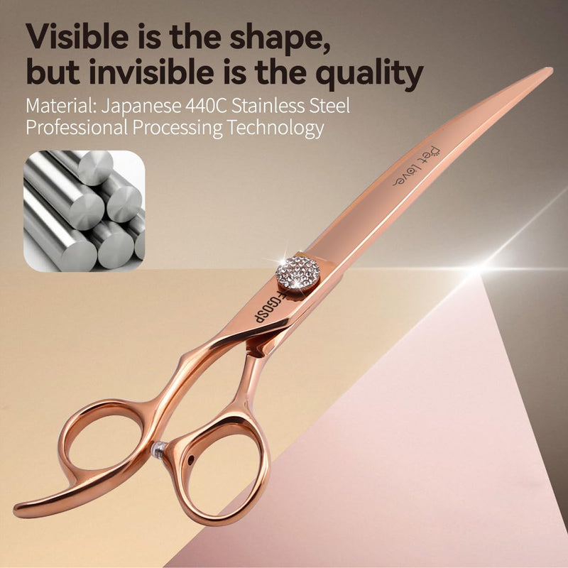 Professional Left Handed Curved Dog Grooming Scissors 8'' Downward 30° Rose Gold Titanium Japan 440C Pet Grooming Trimming Shears for Large Dog Poodle(8,Curved) 8.0‘’ Lefty Curved - PawsPlanet Australia