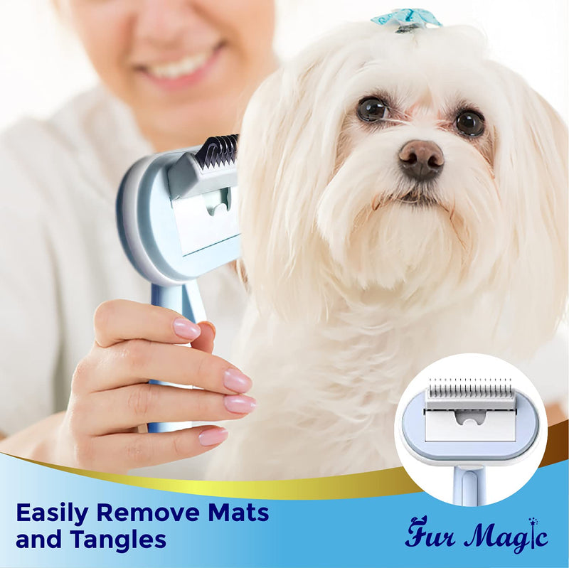 Fur Magic Deshedding Brush, Dematting Tool and Self Cleaning Slicker Brush, 3 in 1 Grooming Kit for Large and Small Dogs and Cats to Reduce Shedding, Blue Blue 3-in-1 Kit