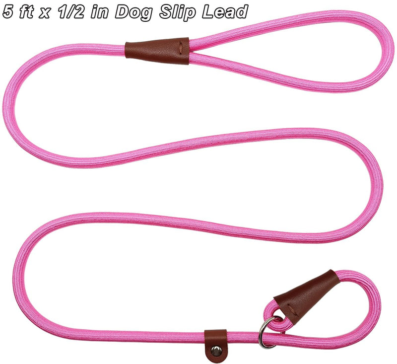 5 FT Slip Lead Dog Leash, Heavy Duty 1/2” Strong Nylon, Solid 7 Colors Training Leash, No Pull Dog Lead Great for Medium and Large Breeds (Pink) 1/2" x 5ft pink - PawsPlanet Australia