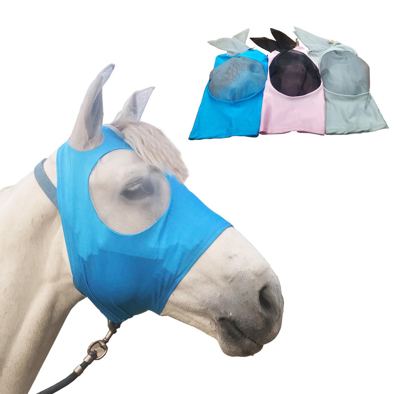 Ride Horse Fly Mask with Ear Protection, Protective Face Cover, Super Stretchy Comfort for Horse-Adult, 3PCS-1Blue1Silvery1Rose Sakura