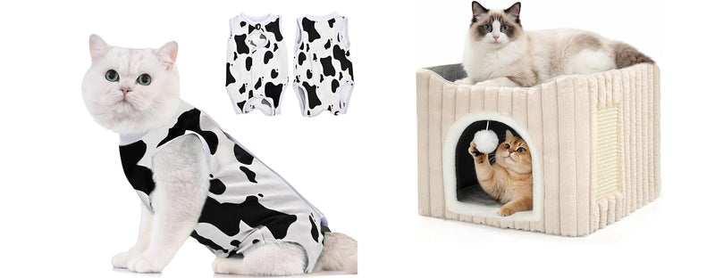 Avont Cat Recovery Suit for Post-Surgery Recovery Bundle with 3-in-1 Cat House for Indoor Cats