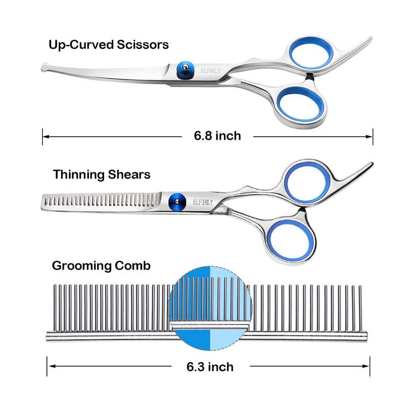 Dog Grooming Scissors Set with Safety Round Tip (2 Pack - Curved Scissors Thinning Shears for Grooming) Pet Grooming Shears with Grooming Comb for Dogs and Cats Blue - PawsPlanet Australia