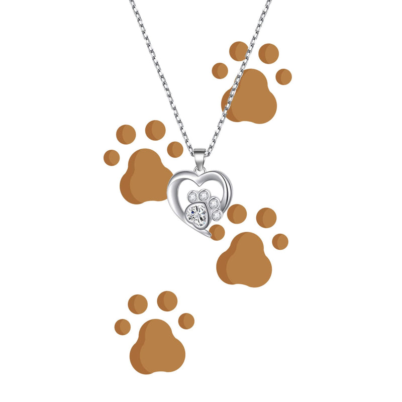 BEKECH Pet Lover Gifts Paw Print Necklace Cubic Zirconia Puppy Dog Cat Pet Paw Print Love Heart Pendant Necklace for Women silver