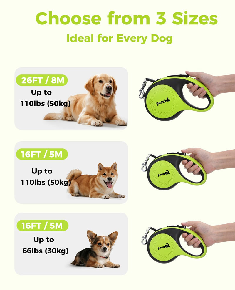 Retractable Dog Leash with Flashlight, 26ft Heavy Duty Retractable Pet Leash with Light, One-Button Control, Anti-Twist Protection, Reflective Leashes for Medium Large Pets Dogs Up to 110 lbs Green with LED light Large-26ft - PawsPlanet Australia