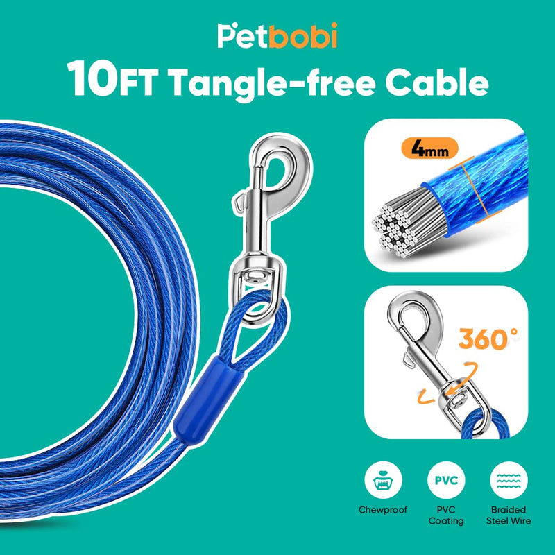 Petbobi Dog Runner for Yard 50ft, Dog Tie Out Cable for Camping with 10ft Dog Run Wire Cable, Portable Reflective Dog Lead Line with 360° Tangle Free &Heavy-Duty Clasp for Yard, Park, Black 50FT+10FT