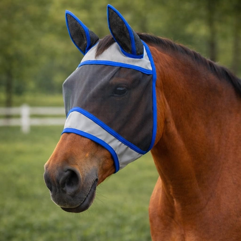 Horse Fly Mask with Ears for Riding & Grazing, Secure Fit in Wind, Breathable Soft Mesh, UV Protection, Large Eye Space for Comfort, Durable Design-L