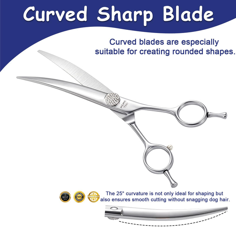 Professional Curved Dog Grooming Scissors with Simulation Diamond 440C Stainless Steel Polished Pet Cat Hair Cutting Shears for Groomers and Home users 7'' Curved Scissors 7'' - PawsPlanet Australia