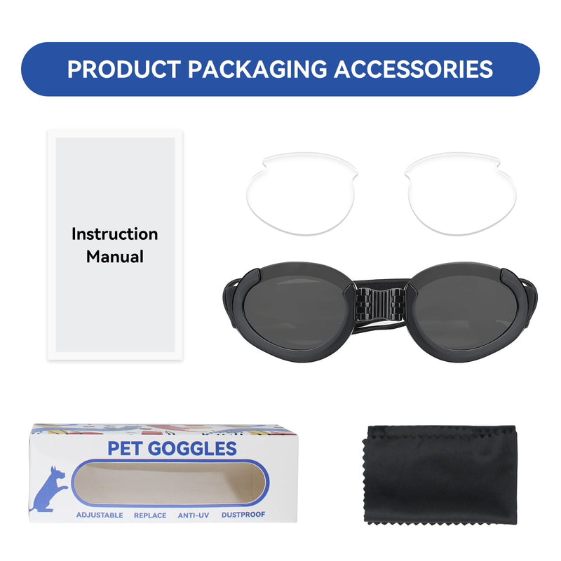 PETLESO Dog Goggles Medium Breeds, Clear UV Protection Dog Sunglasses with Black Replaceable Lenses, Adjustable Doggy Glasses for Outdoor Activities Hiking/Camping Windproof Pet Eyewear Black (Clear+Black Lens) - PawsPlanet Australia