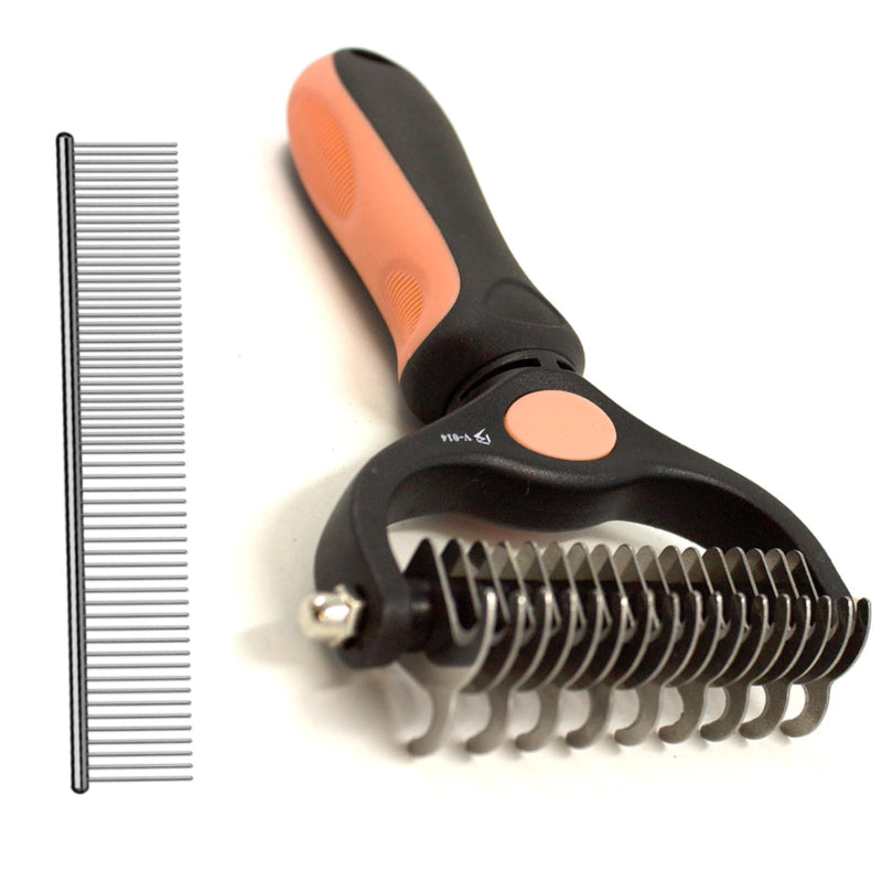 BeautyTrack Pet Dematting Comb Set, Dual-Sided Grooming Rake for Dogs and Cats, Professional Deshedding Tool with Stainless Steel Teeth, Pet Grooming Rake and Brushes for Small & Medium (Melon, L) Melon - PawsPlanet Australia