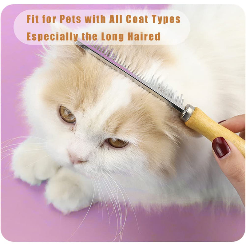Dog Cat Grooming Comb with Wooden Handle Stainless Steel Teeth, Pet Grooming Supplies Accessories for Hairy Pets (Dual Teeth) Dual Teeth