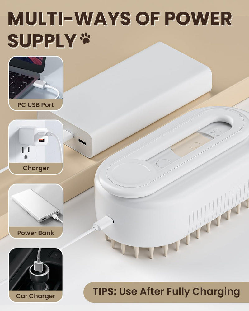 Cat Steam Brush for Shedding, Pet Steam Brush for Cats and Dog, 4 in 1 Rechargeable Cat Hair Brush, Spray Anti-Static, Massage, Cleaning, Shedding & Combing All In One, for Long & Short Haired Pets! White