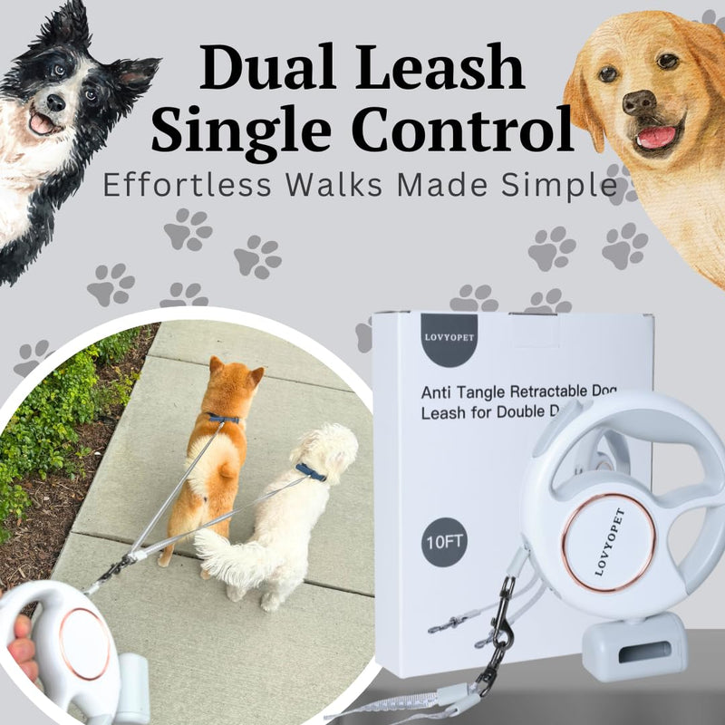 All-in-One Retractable Dual Dog Leash with LED Light and Poop Bag Holder, 360° Tangle-Free Swivel, One-Touch Brake/Lock, Durable Tape & Ergonomic Grip – for Two Small Dogs - PawsPlanet Australia