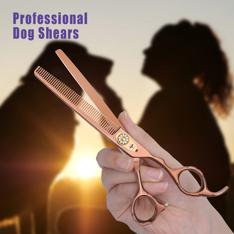 PURPLEBIRD 7 Inch Thinning Dog Grooming Scissors,50 Teeth Blending Shears, Professional Safety Blunt Tip Trimming Shearing for Dogs Cats Japanese Stainless Steel Bronze 7in Thinning - PawsPlanet Australia