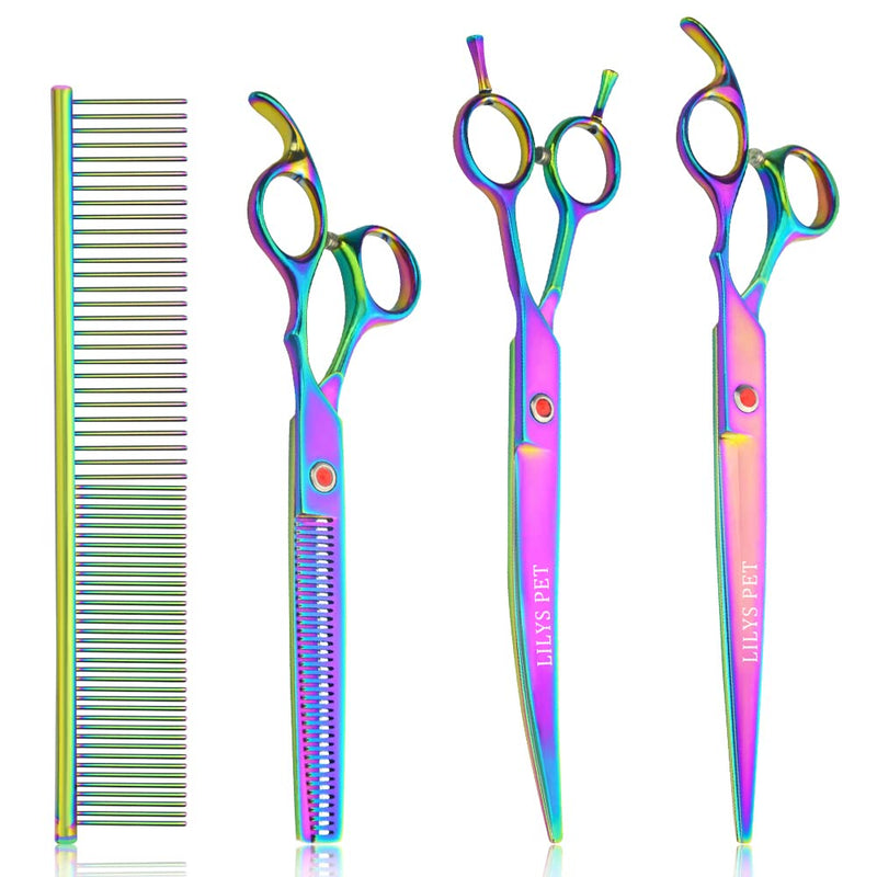 LILYS PET HIGH-END SERIES Japan 440C Stainless Steel Professional Pet Grooming Scissors Set,Rainbow Color,Cutting&Thinning&Two-way Curved shears Set (8.0") - PawsPlanet Australia