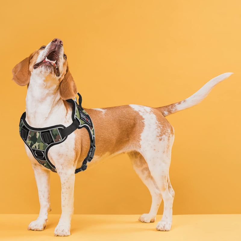 Dogline Quest No-Pull Dog Harness with 3D Rubber Service Dog Removable Patches Reflective Soft Comfortable Dog Vest with Quick Release Dual Buckles Black Hardware and Handle 18 to 22 inches Green Camo Girth 18" to 22" - PawsPlanet Australia