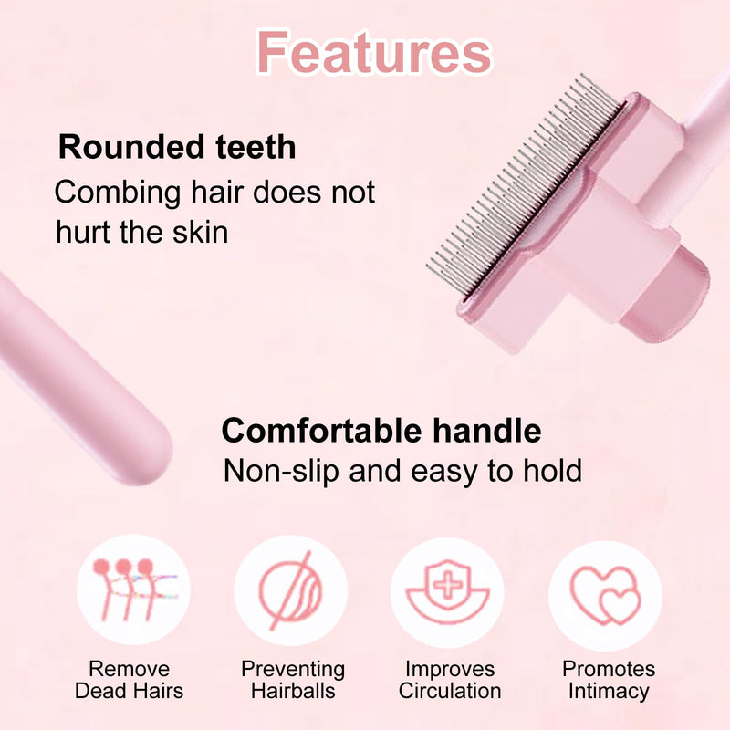 2PCS Flea Comb for Cats Dog Brush for Shedding, Pet Hair Removal Tool with Long & Short Stainless Steel Metal Teeth and Release Button Self-Cleaning for Shedding and Tangles (Pink+Blue) Pink+Blue
