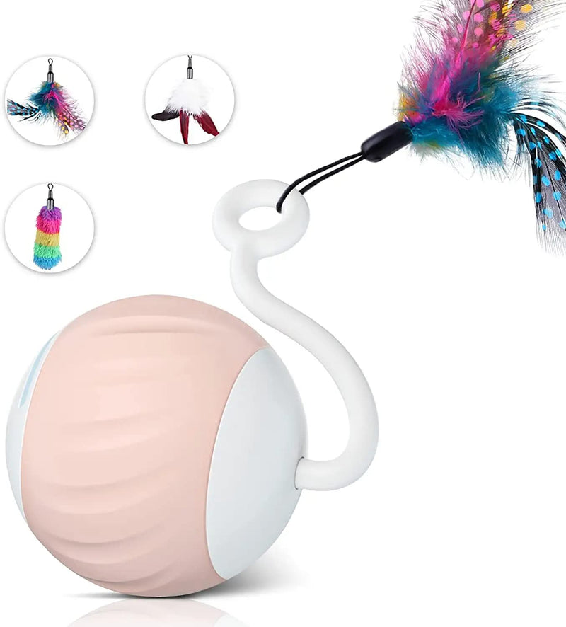 Turbo Tail Cat Toy Interactive Cat Balls Cat Toys For Indoor Cats, Turbo Tail Mouse Cat Toy With LED Rainbow Lights Feathers & USB Charging Cable, Touch Control And Sound Control Smart Cat Ball Toy A2- Pink - PawsPlanet Australia