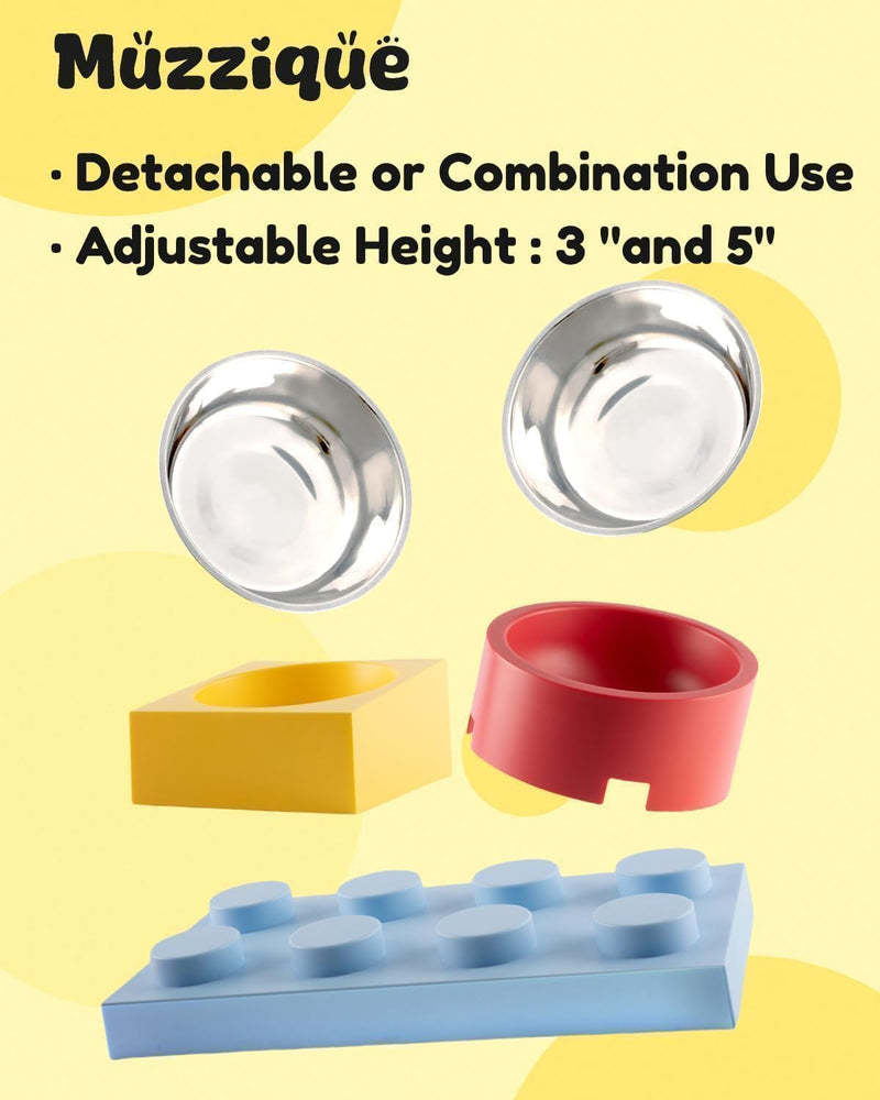 Cat Food Water Bowl Set, for Cats/Dogs, w/ 2 Raised Stainless Steel Puppy Bowls, Elevated DIY Kitten Metal Dishes Stand, Flat Tilted Pet Holder, No Spill Anti Whisker Fatigue Plastic Feeding Station - PawsPlanet Australia