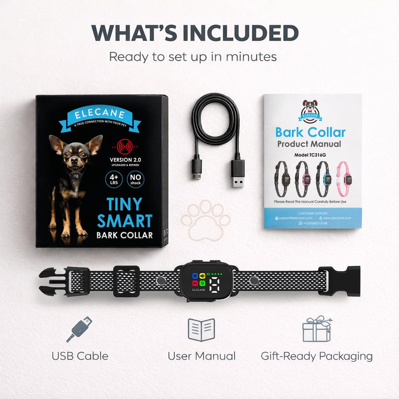 Tiny Bark Collar for Small Dogs 5-15 lbs and Puppies - No Shock Anti Barking Collar - Rechargeable Smart Collar for Dog Training with 7 Sensitivity Levels and 3 Beep&Vibration Modes (Black) Black - PawsPlanet Australia