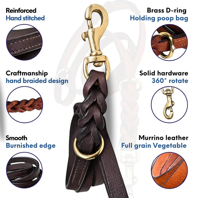 Dog Leash | Heavy Duty Leather Training Leashes, Solid Brass Connector Snaps and Two Rings (Dark Brown, 6 Ft) Dark Brown - PawsPlanet Australia